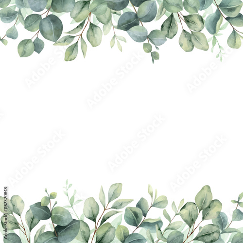 Watercolor vector frame border with green eucalyptus leaves and branches. Greenery clipart for wedding invitation, greeting cards, save the date, stationery design. Hand drawn illustration.