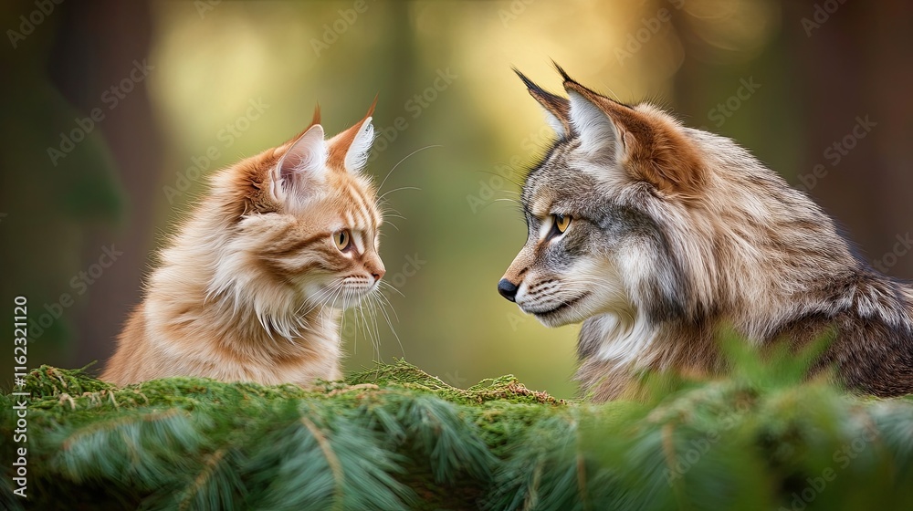 Fototapeta premium Encounter in the Wilderness as a Giant Maine Coon Cat and Home Kitty