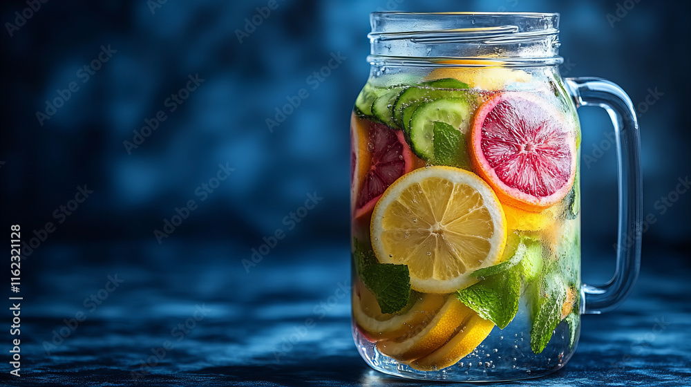 Fototapeta premium Refreshing fruit infused water pitcher with lemon, cucumber, and mint. This vibrant drink is perfect for hydration and adds burst of flavor to any occasion