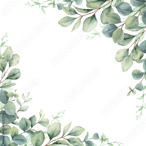 Watercolor vector frame corner border with green eucalyptus leaves and branches. Greenery clipart for wedding invitation, greeting cards, save the date, stationery design. Hand drawn illustration.