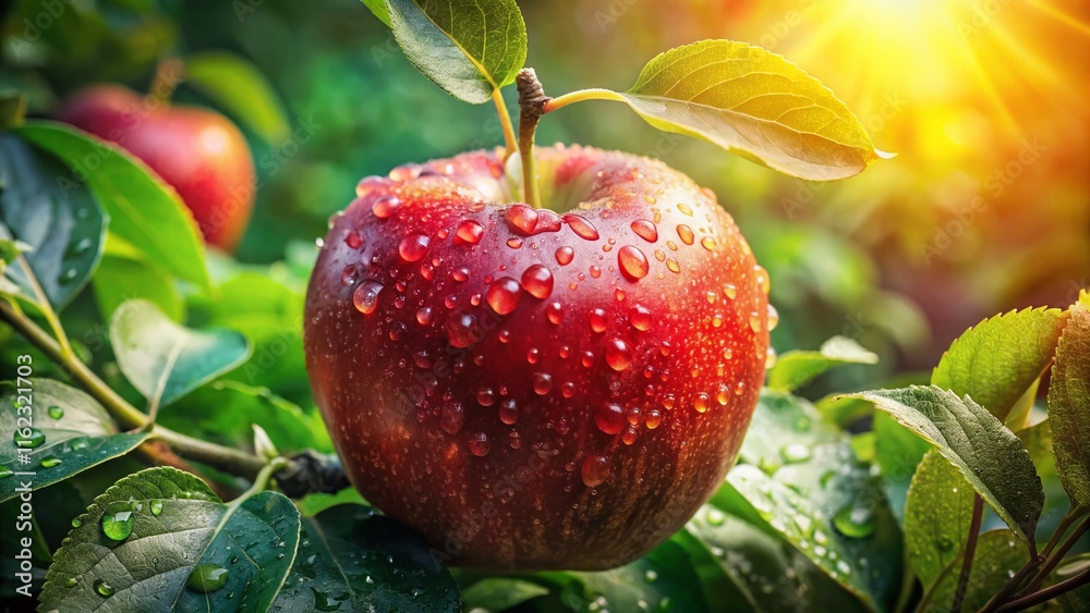 Obraz premium Dew-kissed red apple, close-up; nature's vibrant detail.