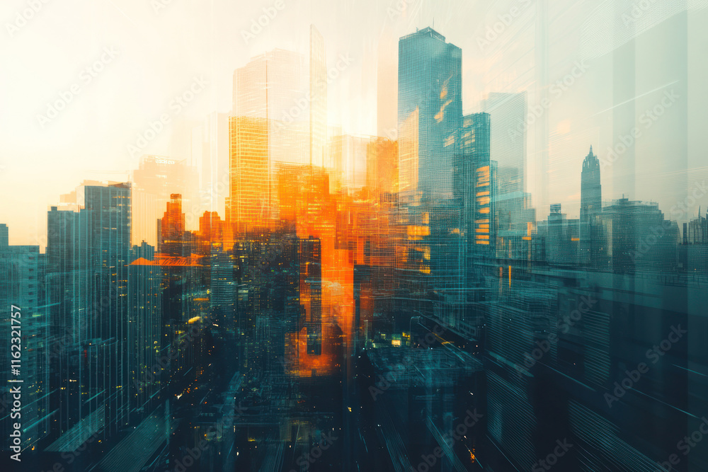 The double exposure image of cityscape at sunset The double exposure image of cityscape at sunset