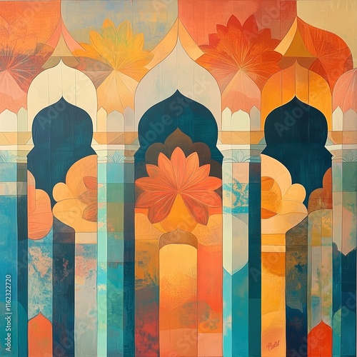 Oil Painting of Mughal Motifs with Abstract Geometric Forms, Perfect for Contemporary Wall Art Decor