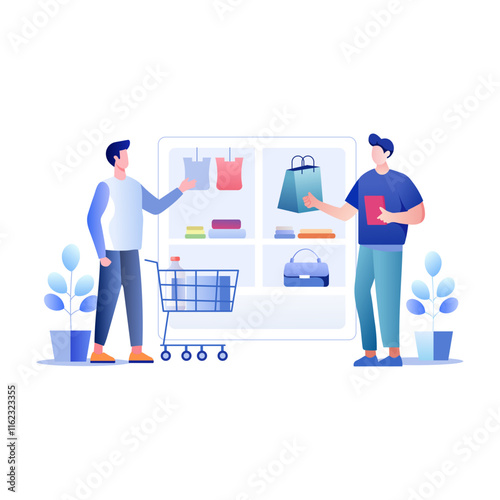A flat illustration of a seller and a buyer