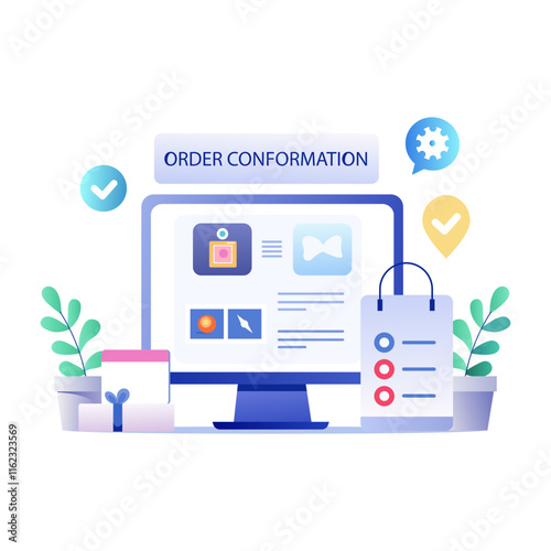 A flat illustration of a computer screen showing an order confirmation page