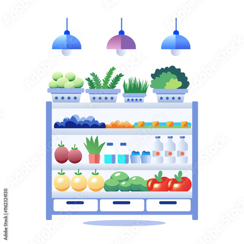 A flat illustration of a grocery rack filled with fresh fruits, vegetables, and beverages