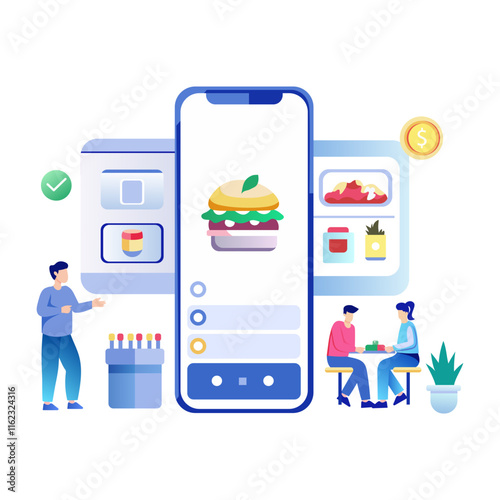A flat illustration of people using a mobile app for food order