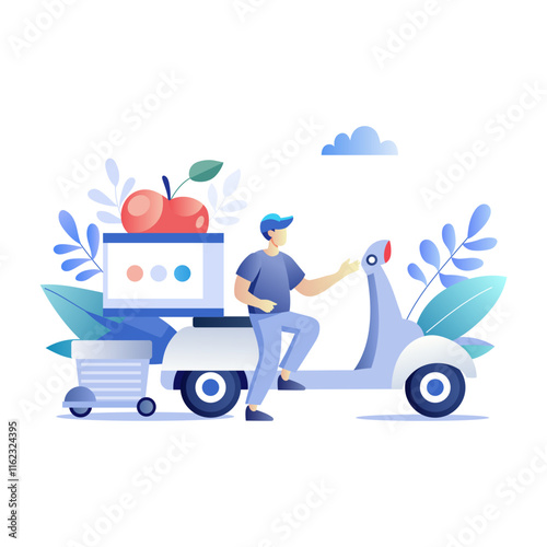 A flat illustration of food delivery truck