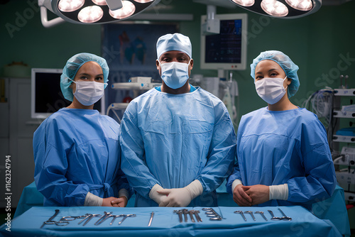 Surgeons standing in operating room with surgical instruments ready for operation