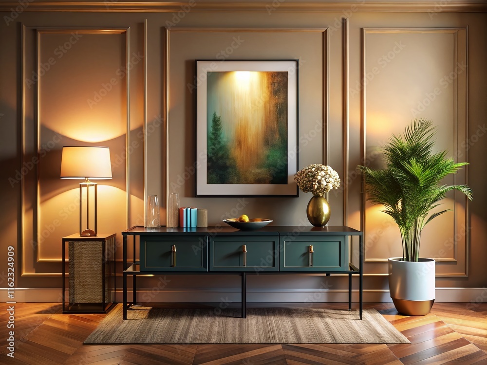 Fototapeta premium Elegant Living Room, Black Frame, Brass Accents, Beige Walls, Moody Lighting