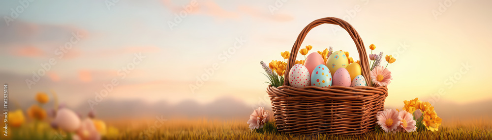 Easter basket filled with colorful eggs and flowers in sunny field Easter basket filled with colorful eggs and flowers in sunny field