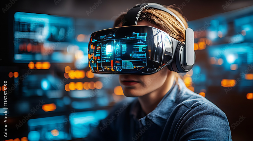 Virtual reality headset worn by person in modern office, immersed in digital data and technology, showcasing innovation and futuristic experiences