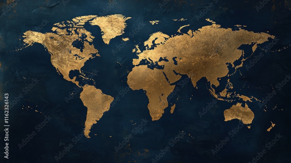 World map in gold on a dark blue background.