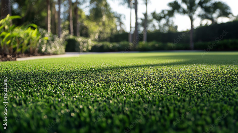 Lush green artificial turf in a sunlit landscaped garden area