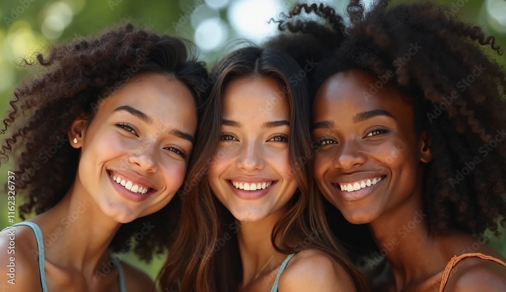 portrait of a Caucasian woman, an African woman and an Asian woman smiling and happy together. the concept of unity in racial differences portrait of a Caucasian woman, an African woman and an Asian woman smiling and happy together. the concept of unity in racial differences