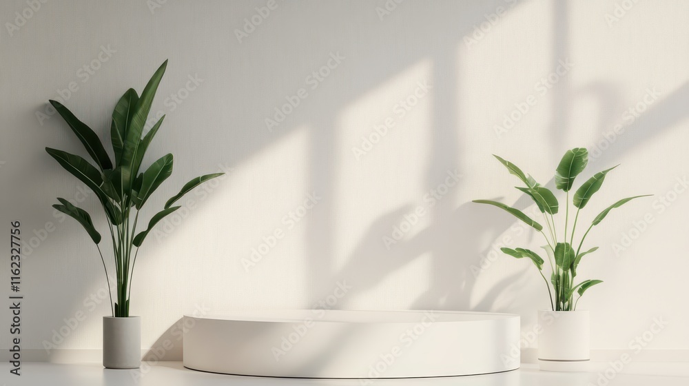 Minimalist White Podium With Two Green Plants Minimalist White Podium With Two Green Plants