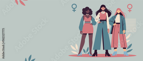 Women's day. Three different strong women stand together on a floral background with space for text. Stylized vector horizontal banner, postcard for advertising and women's projects