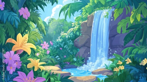 Vibrant Jungle Scene with Waterfall and Colorful Flora