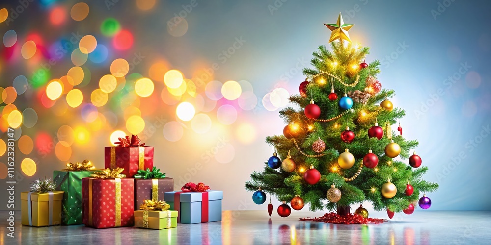 Festive Christmas Tree, Gift, Decorations, Bright, Vibrant Festive Christmas Tree, Gift, Decorations, Bright, Vibrant