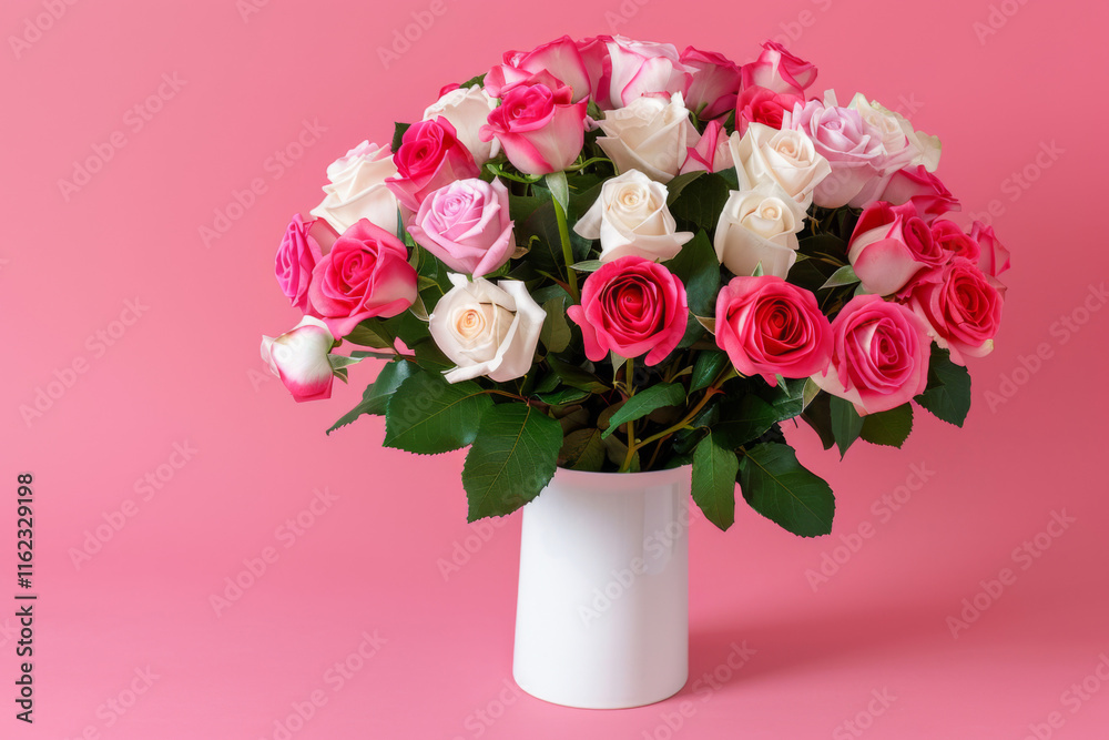 Bright arrangement of pink and white roses in a ceramic vase on pink background Bright arrangement of pink and white roses in a ceramic vase on pink background
