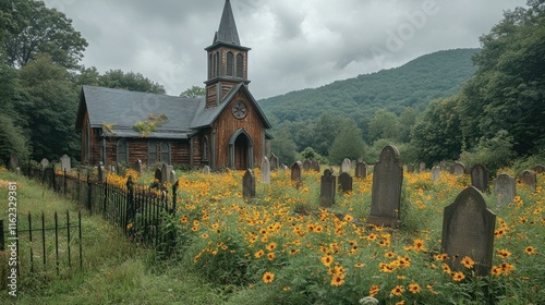 Old wooden church in overgrown cemetery with wildflowers.