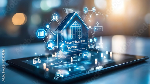 digital tablet displaying property loan application with futuristic graphics. image conveys innovation in finance and technology