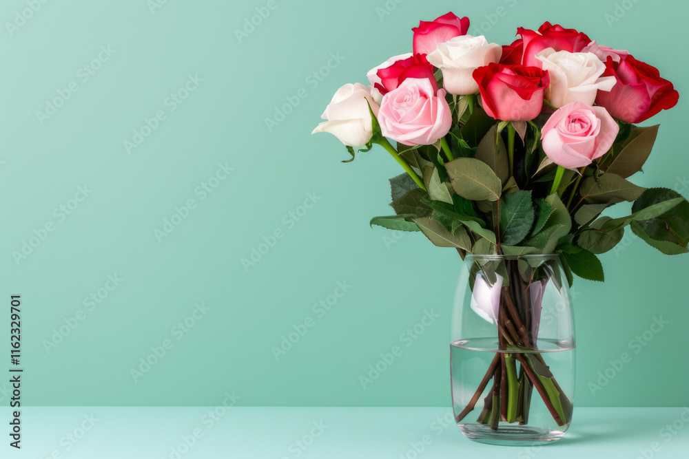 Colorful bouquet of roses displayed in a glass vase on a mint backdrop Colorful bouquet of roses displayed in a glass vase on a mint backdrop