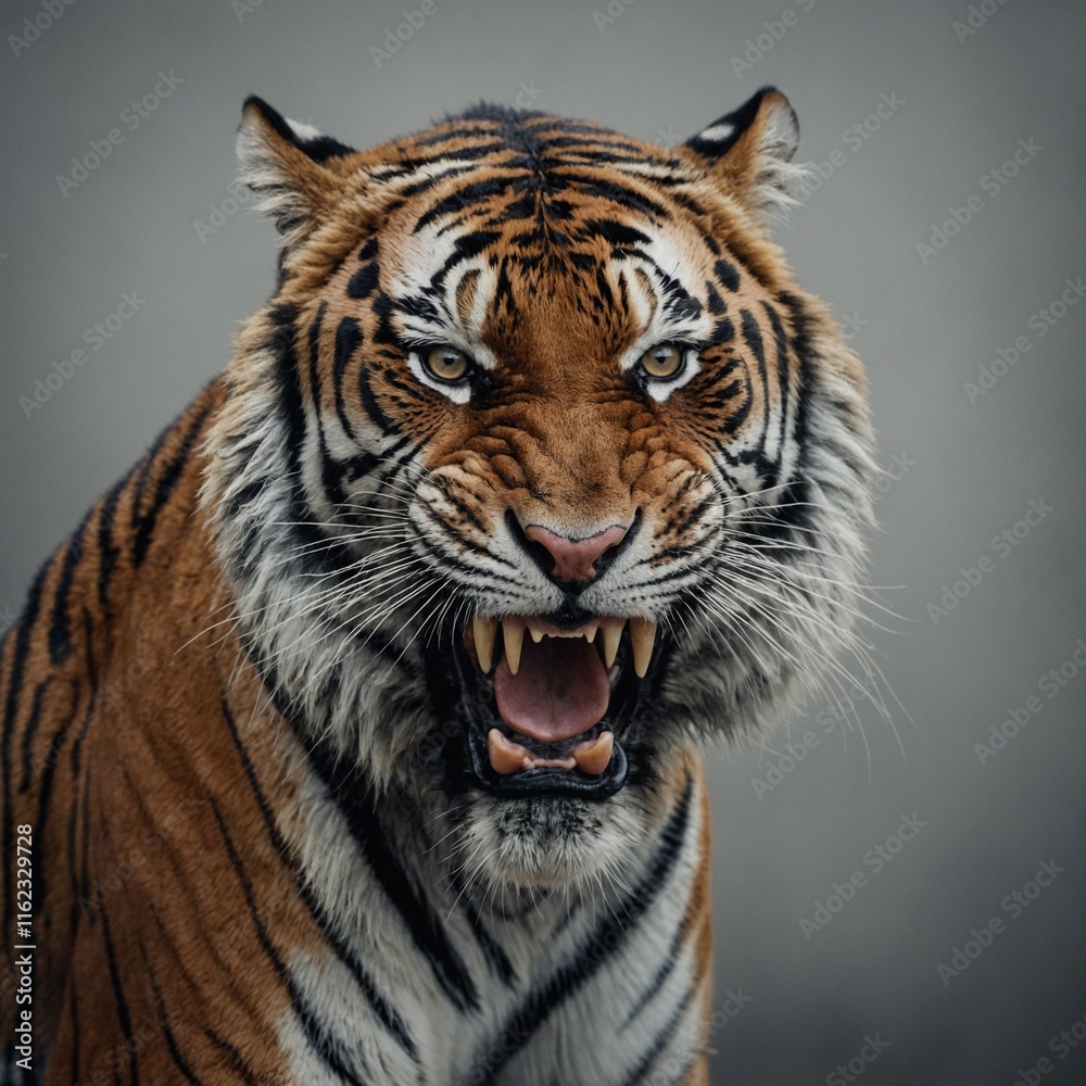 Fototapeta premium A tiger mid-roar on a light gray background.