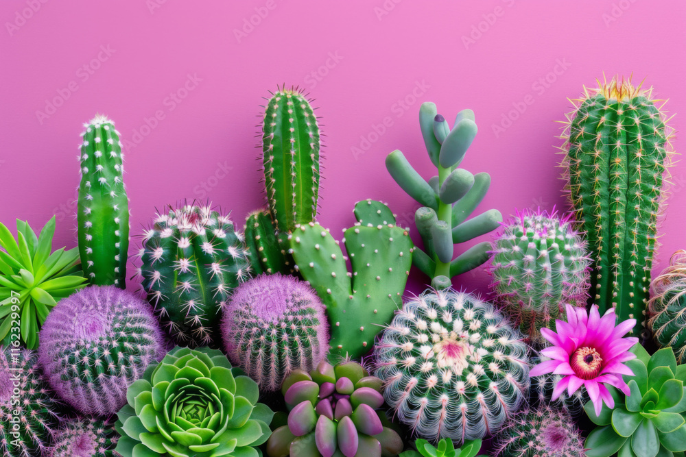 Fototapeta premium Colorful display of various cacti and succulents against a vibrant background