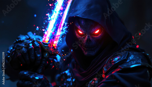 4k HD Wallpapers of The image shows a close-up of a person holding a sword with glowing red eyes and a glowing blue light. Video game wallpaper