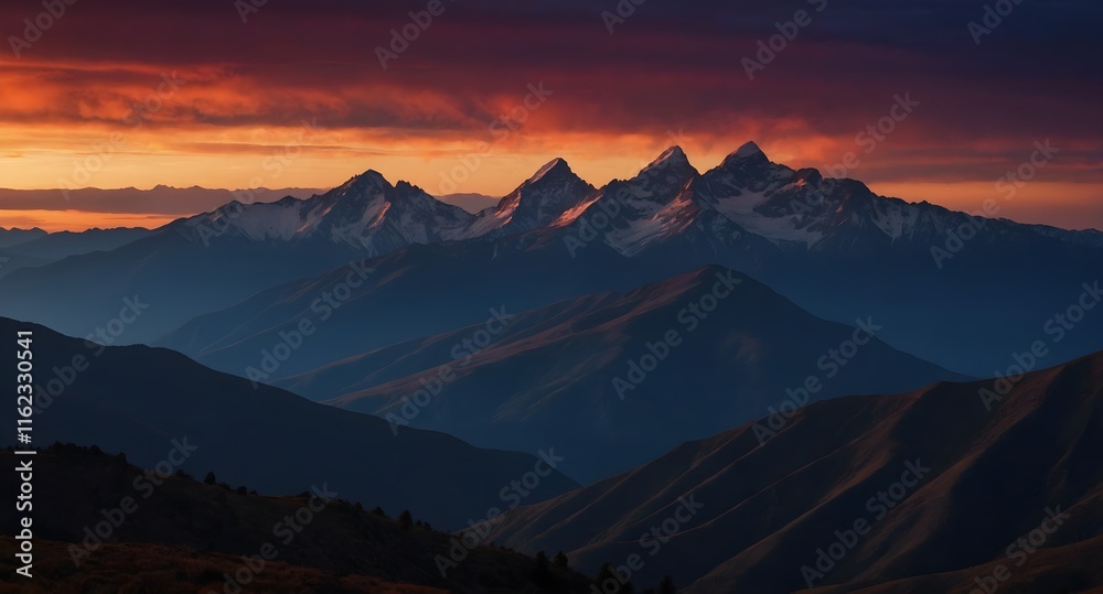 Mountain Majesty at Dusk: A Striking Background Image Showcasing the Rugged Terrain and Sharp Peaks of a Snowy Mountain Range Silhouetted Against a Fiery Sunset Mountain Majesty at Dusk: A Striking Background Image Showcasing the Rugged Terrain and Sharp Peaks of a Snowy Mountain Range Silhouetted Against a Fiery Sunset