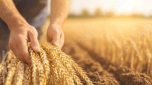 close-up of farmer hands harvesting wheat golden stalks contrasted against rich soil and blurred sunny field