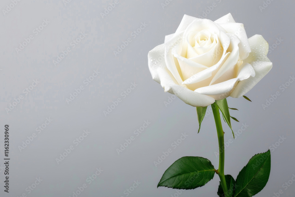 Elegant white rose standing gracefully against a soft gray background Elegant white rose standing gracefully against a soft gray background