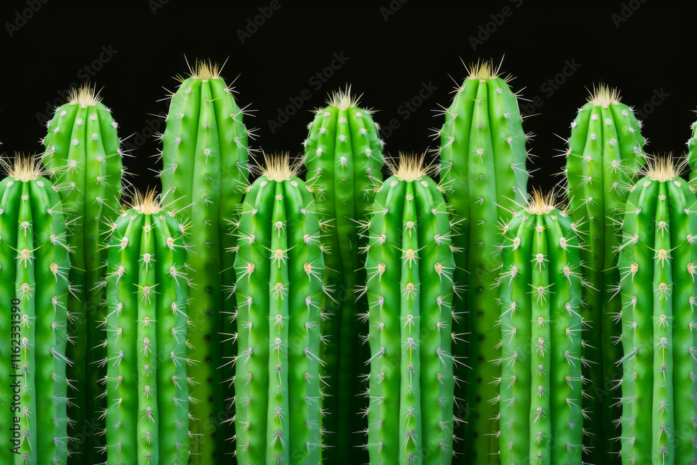 Close up of vibrant green cacti arranged in a row against a dark background Close up of vibrant green cacti arranged in a row against a dark background