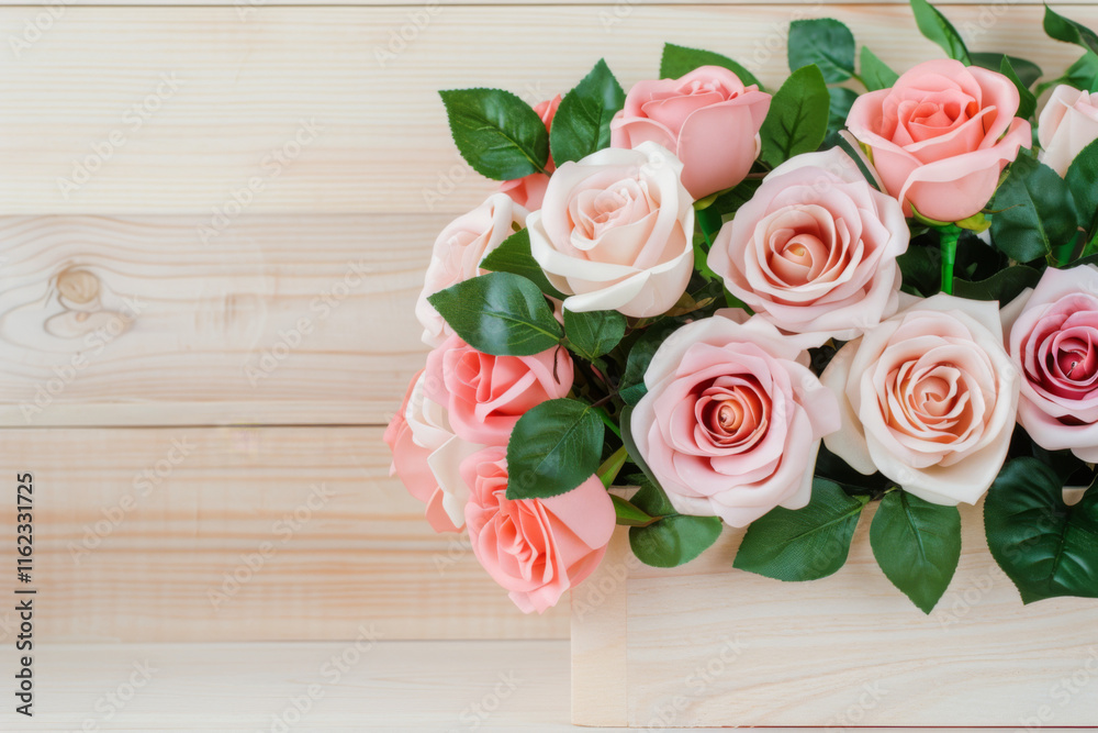 Beautiful arrangement of pink and cream roses in a wooden box display Beautiful arrangement of pink and cream roses in a wooden box display