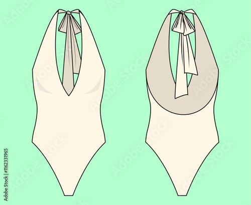 Ladies, Girls One Piece swimsuit outline drawing flat sketch. 