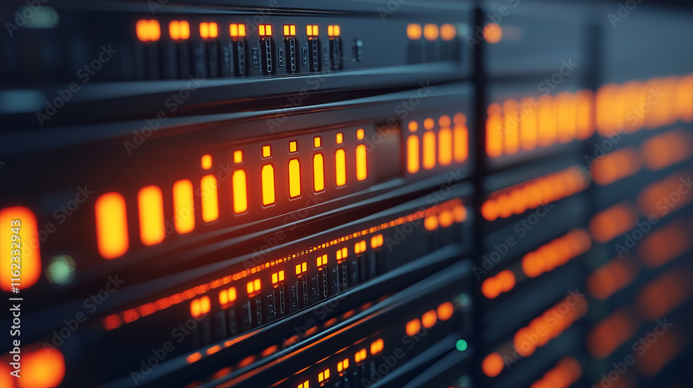 Glowing server racks with illuminated orange lights in data center, showcasing advanced technology Glowing server racks with illuminated orange lights in data center, showcasing advanced technology