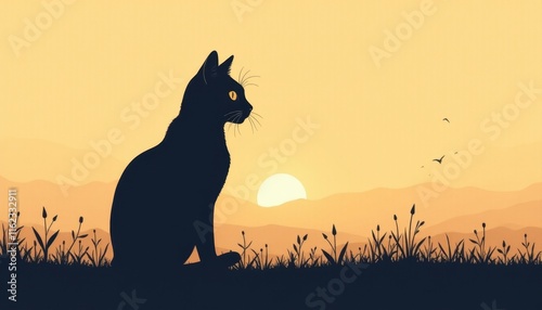 Silhouette of a cat against a golden sunset with gentle grass swaying in the breeze