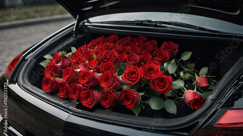 Many beautiful blooming red roses in the open trunk of a black passenger car. Valentine's Day. Wedding. Flower delivery. photo