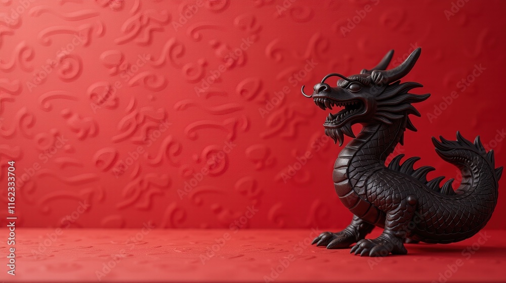 Fototapeta premium Black dragon statue on vibrant red background.