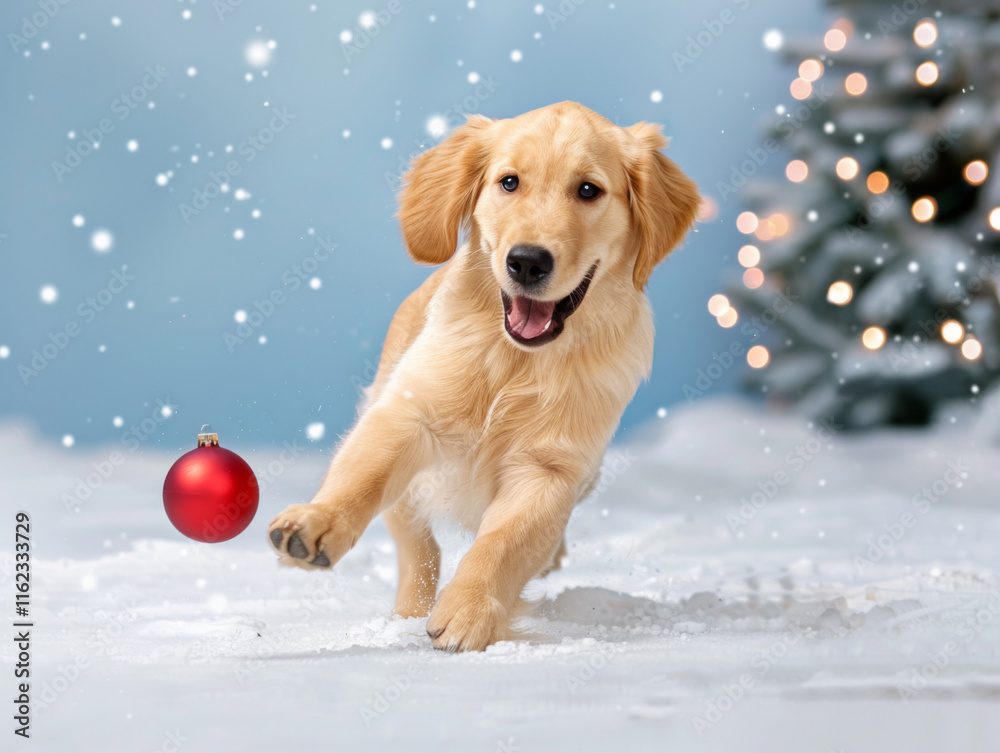 Golden retriever puppy plays with red ornament in snowy holiday setting Golden retriever puppy plays with red ornament in snowy holiday setting