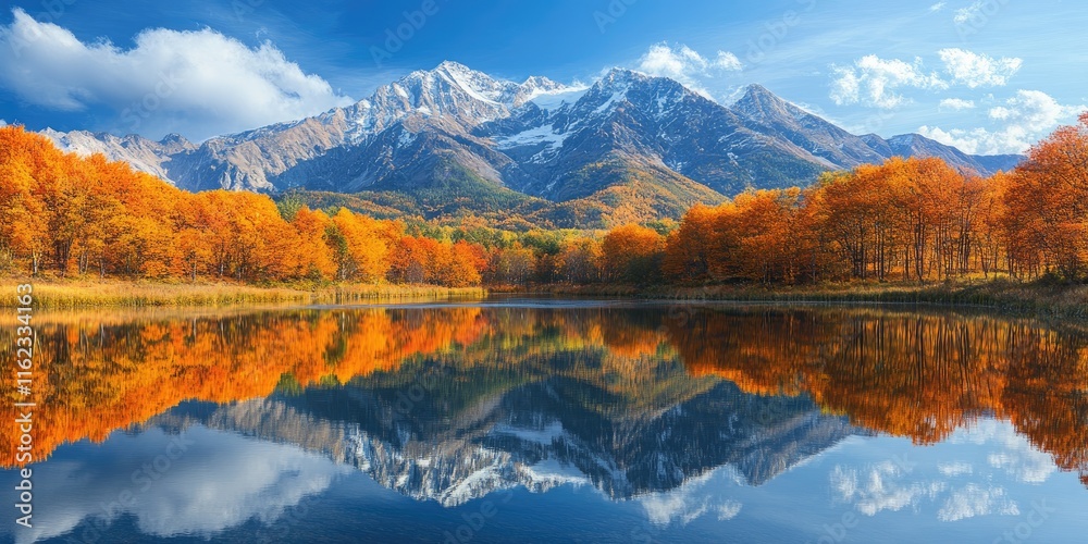 Fototapeta premium Snow capped mountain reflecting in lake with autumn trees