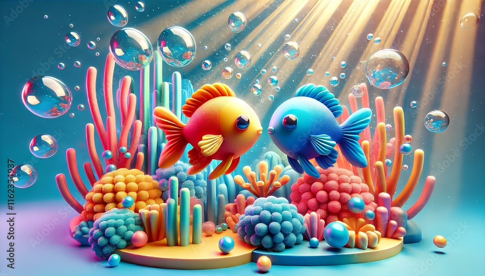 Fototapeta premium Ocean Harmony: Two Fish Hugging in a Colorful Marine World