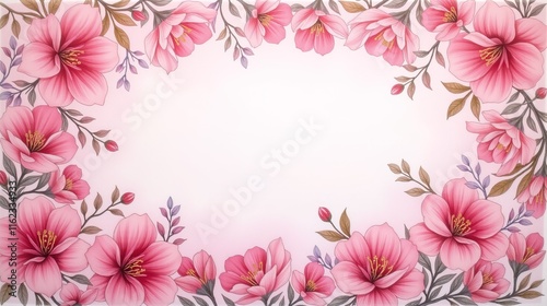 Pink floral frame with soft watercolor background.