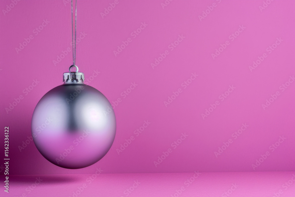 Shiny silver ornament hanging against a vibrant pink background Shiny silver ornament hanging against a vibrant pink background