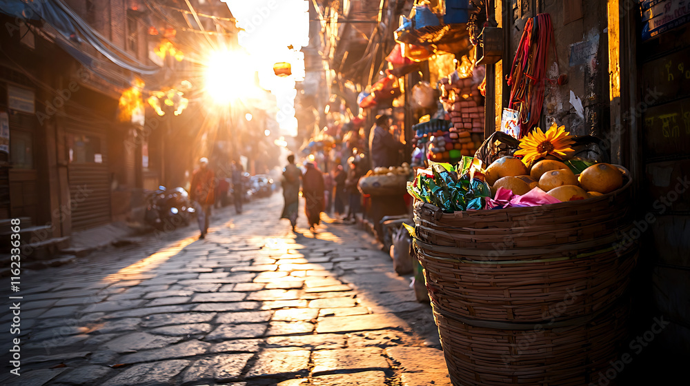 Obraz premium vibrant street scene at sunset, showcasing vendors and colorful produce. warm light enhances bustling atmosphere of market