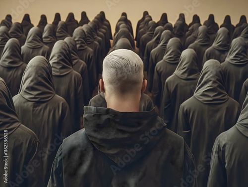 Crowd of hooded monks all standing together, one unique figure has pale skin and a white mohawk, symbolizing individuality, non conformity.  photo