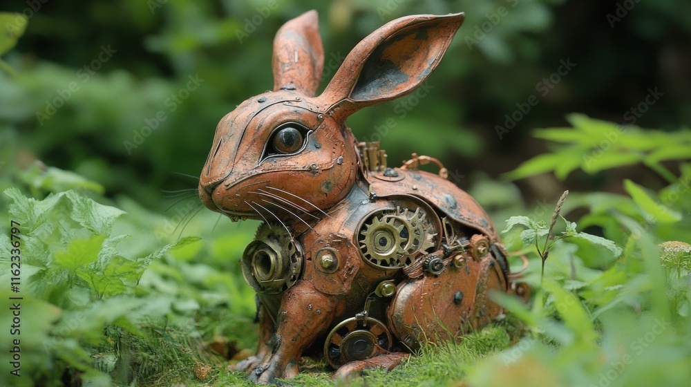 A steampunk-style mechanical rabbit amidst greenery, showcasing intricate gears and design. A steampunk-style mechanical rabbit amidst greenery, showcasing intricate gears and design.