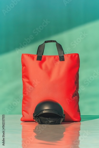 delivery bag and helmet placed on sleek surface with blurred motion in background symbolizing activity