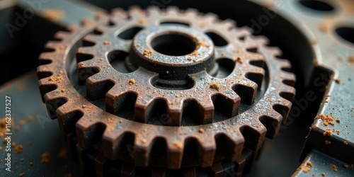Close-up of intricately designed rusty gears coated in a fine, dark brown powder.